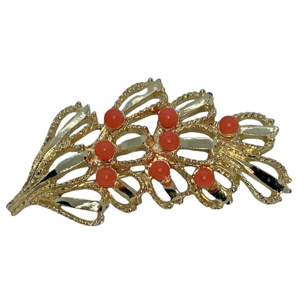 Gold Tone Leaf Brooch With Coral-Colored Beads Vintage Floral Design Pin